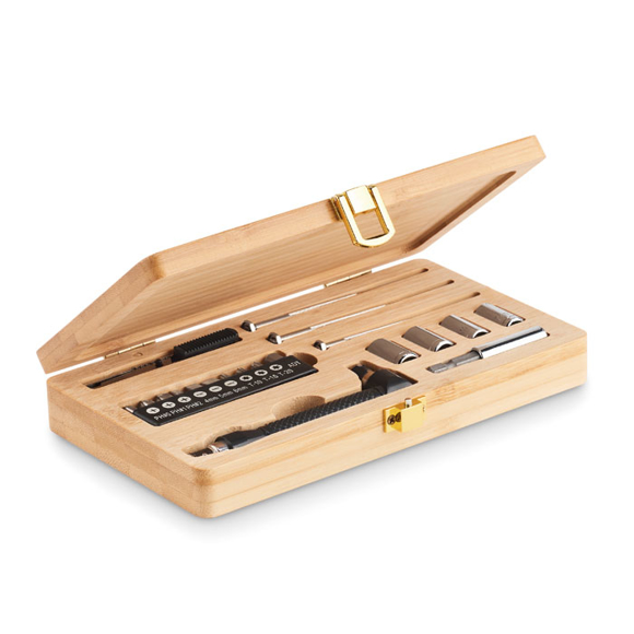 Tool set presented in a bamboo case 